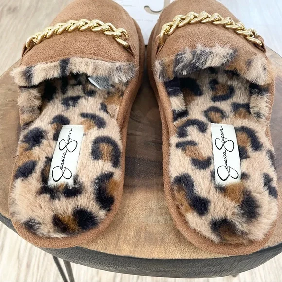 S M L NWT Jessica Simpson brown and gold fuzzy slippers with cheetah print - Picture 10 of 13